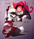 1_eye 2023 absurd_res accessory armwear barryfactory bikini black_armwear black_clothing black_elbow_gloves black_gloves black_handwear black_legwear black_lips black_stockings black_thigh_highs blush blush_stickers breasts clothing cyclops demon duo elbow_gloves eyelashes fake_horns female freckled_face freckles gloves grin hair hair_accessory hairband hand_on_shoulder handwear hazbin_hotel hellaverse hi_res horned_hairband humanoid legwear lips navel niffty_(hazbin_hotel) pink_sclera red_armwear red_clothing red_elbow_gloves red_eyes red_gloves red_hair red_handwear red_legwear red_stockings red_thigh_highs sharp_teeth sitting_on_knees small_breasts smile stockings suzie_(barryfactory) swimwear teeth thigh_highs two-piece_swimsuit white_hair