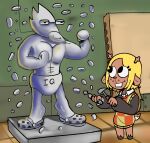absurd_res anthro avian berdly bird blonde_hair brown_body buckteeth clothed clothing deer deltarune female hair hi_res iluvrabbitz mammal new_world_deer nickelodeon noelle_holiday reindeer sculpture spongebob_squarepants statue teeth undertale_(series)