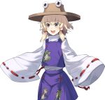  1girl animal_print blonde_hair brown_hat eho_(icbm) frog_print game_cg groin hair_ribbon hat labyrinth_of_touhou_(series) labyrinth_of_touhou_tri long_sleeves medium_hair moriya_suwako non-web_source official_art open_mouth purple_skirt purple_vest red_ribbon ribbon ribbon-trimmed_skirt ribbon_trim skirt skirt_set sleeves_past_fingers sleeves_past_wrists smile solo touhou transparent_background tress_ribbon vest wide_sleeves yellow_eyes 