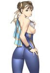  ass blue_bodysuit bodysuit breasts brown_eyes brown_hair chun-li double_bun double_vertical_stripe kansuke medium_breasts nipples skin_tight solo spandex street_fighter undressing wedgie 