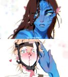  1boy 1girl alien alien_stage blonde_hair blood blue_eyes blue_skin blush braid brown_hair colored_skin commentary english_commentary english_text hand_on_another's_head heart highres hyuna_(alien_stage) james_cameron's_avatar long_hair luka_(alien_stage) mask na'vi nosebleed pointy_ears uchiha_i_arts yellow_eyes 