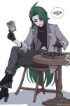  1girl black_boots black_gloves black_pants black_shirt blush boots box box_of_chocolates card clothing_cutout commentary crossed_legs eyewear_hang eyewear_in_pocket gloves green_hair grey_jacket highres holding holding_card jacket jewelry long_hair midriff minao_omina navel necklace official_alternate_costume official_alternate_hairstyle pants parted_lips pokemon pokemon_masters_ex red_eyes rika_(palentine's_2026)_(pokemon) rika_(pokemon) shirt sitting smile speech_bubble symbol-only_commentary table unworn_eyewear very_long_hair wooper 