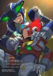  2boys armor blonde_hair blue_armor blue_eyes blue_helmet chest_jewel commentary_request cowboy_shot dynamo_(mega_man) forehead_jewel grey_hair helmet mega_man_(series) mega_man_x_(series) multiple_boys red_armor red_helmet twitter_username watermark yamanashi_taiki zero_(mega_man) 