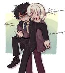  2boys absurdres akinashi_haru belt black_hair black_jacket black_pants black_shoes black_socks blonde_hair blue_eyes blue_necktie border bright_pupils brown_cardigan cardigan character_name collared_shirt commentary dress_pants english_commentary english_text gloom_(expression) green_background groping hand_in_another's_pants highres jacket leg_up long_sleeves looking_at_another looking_down male_focus medium_hair motion_lines multiple_boys necktie open_clothes open_jacket open_mouth outline outside_border pants peanut_mouth red_eyes red_pants saihate_eki shadow shirt shoes short_hair signature simple_background socks suit_jacket sweat tatsunami_shion teeth tosteurmori upper_teeth_only white_border white_outline white_pupils white_shirt yaoi yellow_background 