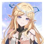  1girl bare_shoulders blonde_hair blue_eyes breasts cartethyia_(wuthering_waves) closed_mouth commentary_request crown_of_thorns earrings hasana highres jewelry long_hair looking_at_viewer parted_bangs partial_commentary pointy_ears smile solo tacet_mark_(wuthering_waves) teardrop_earrings upper_body wuthering_waves 