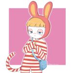 1:1 2025 3_fingers alternate_species anthro arms_bent artist_name bangs blonde_hair blue_eyes blue_pupils blush button_(fastener) clothed clothed_anthro clothed_male clothing colored digital_drawing_(artwork) digital_media_(artwork) english_description fingers fur furrification hair half-closed_eyes hat headgear headwear hi_res lagomorph light lighting long_ears long_tail looking_at_viewer male male_anthro mammal mouth_closed narrowed_eyes noseless onesie peypey_mei1925 pink_clothing pink_hat pink_headwear popee_(popee_the_performer) popee_the_performer portrait pupils rabbid rabbidification raving_rabbids rayman_(series) red_stripes shaded shoulder_bag simple_background solo standing striped_onesie stripes tail tan_eyelids text three-quarter_portrait ubisoft white_body white_fur white_onesie