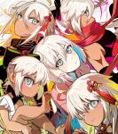  2others 3girls ahoge barefoot bow commentary_request dark-skinned_female dark_skin fate/grand_order fate_(series) grey_eyes hair_bow hair_ornament iris_(tb33064667) japanese_clothes kimono long_hair looking_up multiple_girls multiple_others okita_souji_(fate) okita_souji_(first_ascension)_(fate) okita_souji_(koha-ace) okita_souji_alter_(fate) okita_souji_alter_(second_ascension)_(fate) okita_souji_alter_(swimsuit_saber)_(fate) okita_souji_alter_(swimsuit_saber)_(second_ascension)_(fate) rengoku_(fate) rengoku_(second_ascension)_(fate) rengoku_alter_(fate) revision scarf smile sweatdrop white_hair 