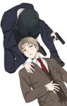  2boys ahoge antenna_hair black_hair black_jacket black_pants black_shoes black_suit blonde_hair blue_eyes breast_pocket brown_jacket brown_pants brown_vest collared_shirt commentary cowboy_shot curtained_hair dress_pants dress_shoes expressionless finger_on_trigger fingernails from_above full_body gun hand_on_another's_shoulder hand_on_own_stomach handgun holding holding_gun holding_weapon hunched_over jacket knee_up lap_pillow light_blush long_sleeves looking_at_another lying male_focus multiple_boys necktie on_back open_clothes open_jacket pants pocket red_necktie shirt shoes short_hair sideburns sideways_glance simple_background snsikwii spy_x_family suit suit_jacket twilight_(spy_x_family) very_short_hair vest waistcoat weapon white_background white_shirt yaoi yuri_briar 
