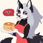 1:1 anthro apron canid canid_demon canine clothed clothing demon dialogue english_text female food fully_clothed gorgonlurker grey_hair hair heart_symbol hellaverse hellhound helluva_boss hi_res long_hair loona_(helluva_boss) mammal mythological_canine mythological_creature mythology pancake pupils red_sclera simple_background slit_pupils smile solo speech_bubble standing tail text white_background