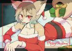  1girl animal_ear_fluff animal_ears breasts brown_fur brown_hair chest_tuft coldsyrup commentary_request dress fox_ears fox_girl fox_tail fur-trimmed_dress fur_trim furry furry_female hat highres looking_at_viewer medium_breasts open_mouth original red_dress red_eyes red_hat santa_costume santa_dress santa_hat smile solo tail 