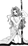  aerith_gainsborough artist_request breasts collarbone dress final_fantasy final_fantasy_vii full_body greyscale holding holding_weapon kneeling lance long_dress long_hair looking_at_viewer medium_breasts midriff monochrome navel polearm revealing_clothes solo stomach wavy_hair weapon 
