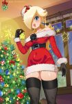  1girl belt_around_waist black_gloves black_thighhighs blonde_hair blue_eyes breasts christmas_ornaments christmas_tree commentary covered_navel day dress english_commentary fur-trimmed_dress fur_trim gloves hair_over_one_eye hard-degenerate highres indoors large_breasts lips long_sleeves mario_(series) mistletoe off-shoulder_dress off_shoulder parted_lips red_dress rosalina santa_costume santa_dress short_dress skindentation solo thighhighs window 