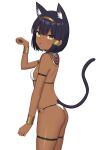  1girl :d absurdres ancient_egyptian ancient_egyptian_clothes animal_ears arm_strap ass black_hair bra bracelet breasts brown_egyptian_cat-eared_loli_(trend) cat_ears cat_girl cat_tail commentary dark-skinned_female dark_skin from_side gold_bracelet gold_hairband hair_ornament hairband hairclip highres jewelry karasuma_kei looking_at_viewer o-ring o-ring_bottom o-ring_panties open_mouth original panties paw_pose revision short_hair simple_background small_breasts smile tail thigh_strap underwear underwear_only usekh_collar very_dark_skin white_background white_bra white_panties yellow_eyes 