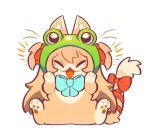  1girl :3 :d ahchive_be animal_ear_fluff animalization aqua_bow aqua_bowtie bow bowtie cat_girl chibi chibi_only closed_eyes frog_hat full_body hair_between_eyes hair_ribbon happy hashtag-only_commentary highres neuro-sama red_bow red_ribbon ribbon shout_lines simple_background sitting smile tail tail_bow tail_ornament tail_ribbon two_side_up vedal_ai white_background 