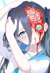  1girl alternate_costume aris_(blue_archive) black_hair blood blue_archive blue_eyes blue_sailor_collar brain chinese_commentary closed_mouth commentary_request didac_fantasy exposed_brain green_halo guro hair_between_eyes halo highres long_hair long_hair_between_eyes one_side_up rectangular_halo ringed_eyes sailor_collar sailor_shirt shirt short_sleeves solo white_shirt 