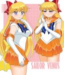  absurdres aino_minako back_bow bishoujo_senshi_sailor_moon bishoujo_senshi_sailor_moon_supers blonde_hair blue_eyes bow brooch choker commentary elbow_gloves english_commentary gloves heart heart_brooch highres inner_senshi jewelry long_hair nico-neko orange_choker orange_sailor_collar orange_skirt red_bow sailor_collar sailor_senshi_uniform sailor_venus skirt smile star_(symbol) star_choker super_sailor_venus white_gloves 
