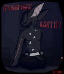  2026 amputated_wing anthro arm_tuft artist_name back_pockets bat bed belt big_ears biped black_body black_bottomwear black_clothing black_fur black_hair black_pants black_tail bottomwear cain_(suitedwolfie) cheek_tuft clothing dark digital_drawing_(artwork) digital_media_(artwork) ears_back english_text facial_tuft fur furniture grabbing_bedding hair hair_over_eyes head_tuft hi_res humanoid_hands looking_back male mammal markings missing_wings muscular muscular_male neck_tuft nightstand on_bed pants pill_bottle pink_inner_ear pivoted_ears presenting_back question question_mark red_text shaded short_tail shoulder_blades shoulder_tuft sitting sitting_on_bed solo suitedwolfie surgical_scar tail text tuft watermark white_belt white_body white_fur white_markings wing_scar wingless_bat 