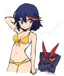  1girl bikini black_hair blue_eyes breasts cleavage closed_mouth crossed_arms expressive_clothes hair_between_eyes hand_behind_head kill_la_kill looking_to_the_side mago matoi_ryuuko multicolored_hair navel red_hair senketsu short_hair simple_background standing streaked_hair sweatdrop swimsuit symbol_commentary white_background yellow_bikini 
