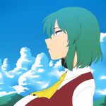  1girl amazon_(taitaitaira) animated animated_gif blinking blue_sky breasts cloud cloudy_sky from_side green_hair huge_filesize kazami_yuuka large_breasts looking_afar parted_lips red_vest shirt sky touhou vest white_shirt yellow_neckwear 