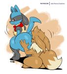  2020 ambiguous/ambiguous ambiguous_gender anthro big_butt butt butt_grab chest_spike digital_media_(artwork) dipstick_tail duo eevee eyes_closed hand_on_butt hi_res joaoppereiraus looking_back lucario multicolored_tail nintendo pok&eacute;mon pok&eacute;mon_(species) red_eyes scarf signature smile spikes spikes_(anatomy) video_games 