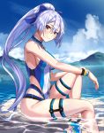  1girl bangs beppu_mitsunaka blue_bow blue_sky blue_swimsuit bow breasts closed_mouth fate/grand_order fate_(series) hair_between_eyes hair_bow highleg highleg_swimsuit highres lake large_breasts long_hair looking_at_viewer one-piece_swimsuit ponytail red_eyes silver_hair sitting sky smile swimsuit thighs tomoe_gozen_(fate/grand_order) tomoe_gozen_(swimsuit_saber)_(fate) two-tone_swimsuit wet white_swimsuit 