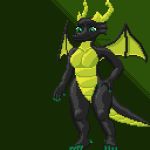  1:1 anthro big_tail black_body breasts claws colored_nails digital_media_(artwork) dragon featureless_breasts featureless_crotch female green_background green_body green_claws green_eyes green_horn green_nails green_scales green_wings hand_on_hip horn kaya_(knockedoutdragon) knockedoutdragon nails nude pixel_(artwork) scales simple_background solo wings 