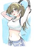  1girl 203wolves armpits arms_behind_head arms_up bangs blonde_hair blue_background border breasts cleavage collarbone crop_top hair_between_eyes hair_ribbon holding long_hair medium_breasts midriff navel open_mouth outside_border ponytail purple_ribbon ribbon shiny shiny_hair signature sketch solo standing stomach tenjouin_asuka very_long_hair white_border yellow_eyes yuu-gi-ou yuu-gi-ou_gx 