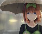  1girl absurdres bangs black_shirt blue_eyes blurry blurry_background blush closed_mouth collarbone commentary_request dress eyebrows_visible_through_hair face go-toubun_no_hanayome green_dress green_umbrella hair_ribbon highres jii_tomo looking_at_viewer nakano_yotsuba outdoors rain ribbon sad shirt shirt_under_dress short_hair solo umbrella 