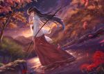  1girl absurdres autumn black_hair blurry blurry_background bow_(weapon) brown_eyes floating_hair flower full_body hakama highres holding holding_bow_(weapon) holding_weapon inuyasha japanese_clothes kikyou_(inuyasha) kimono long_hair looking_back miko petals red_flower red_hakama scenery shiny shiny_hair soaking_feet solo spider_lily standing sunset very_long_hair weapon white_kimono yelan_xing_xuan 