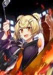  1girl :d animal_ears arknights bangs bear_ears blonde_hair blurry blurry_foreground breasts commentary_request depth_of_field egg eyebrows_visible_through_hair fire food frying_pan gummy_(arknights) hair_ornament hairclip hand_up highres holding large_breasts long_sleeves looking_at_viewer meat nonderi open_mouth orange_eyes sailor_collar school_uniform serafuku short_hair smile solo upper_body 