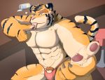  2020 anthro barazoku bulge clothing felid genitals humanoid_hands kemono male mammal muscular muscular_anthro muscular_male pantherine penis pubes sitting solo tail_person tiger tongue tongue_out underwear 