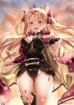  1girl bangs black_leotard blonde_hair blush breasts cape cleavage earrings ereshkigal_(fate/grand_order) fate/grand_order fate_(series) gold_trim highres hood hooded_cape hoop_earrings jewelry large_breasts leotard long_hair looking_at_viewer multicolored multicolored_cape multicolored_clothes open_mouth outstretched_arm parted_bangs red_cape red_eyes single_sleeve single_thighhigh skull smile spine thighhighs thighs tiara two_side_up yellow_cape zasshu 