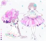  2girls ballet_slippers bangs blush braid brown_hair closed_eyes closed_mouth color_guide commentary_request dress eyelashes flower frills long_hair multiple_girls nucco original pink_flower ponytail short_sleeves sleeveless smile tiptoes very_long_hair white_footwear 