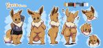  2020 3_toes 4_fingers anthro big_butt butt clothed clothing digital_media_(artwork) dipstick_tail eevee english_text eyes_closed fingers hand_behind_head hi_res joaoppereiraus male model_sheet multicolored_tail neck_tuft nintendo open_mouth open_smile pok&eacute;mon pok&eacute;mon_(species) signature smile solo text thick_thighs toes tongue tongue_out tuft veris video_games 