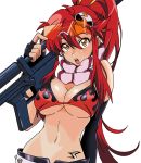  1girl bikini bikini_top breasts cleavage commentary elbow_gloves english_commentary eyewear_on_head fingerless_gloves flame_print gloves gun hair_between_eyes hair_ornament highres holding holding_gun holding_weapon jonathanpiccini-jp large_breasts long_hair looking_at_viewer midriff navel open_mouth ponytail red_hair rifle safety_glasses skull skull_hair_ornament solo swimsuit tattoo teeth tengen_toppa_gurren_lagann tongue upper_body weapon yellow_eyes yoko_littner 