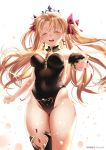  1girl bangs black_leotard blonde_hair blush breasts cleavage closed_eyes covered_navel earrings ereshkigal_(fate/grand_order) fate/grand_order fate_(series) highleg highleg_leotard highres hoop_earrings jewelry large_breasts leotard long_hair open_mouth parted_bangs single_sleeve single_thighhigh skull smile spine thighhighs thighs tiara two_side_up zasshu 