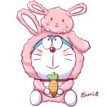  :&gt; :3 absurdres animal_costume bunny_costume carrot chammy creature creature_on_head doraemon doraemon:_nobita_no_uchuu_kaitakushi doraemon_(character) full_body highres holding looking_at_another looking_at_viewer looking_away looking_up matching_outfit simple_background sitting smile sumi_(user_evka8372) white_background 