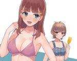  2girls :d bangs bikini bikini_top blue_background blue_eyes blunt_bangs breasts brown_eyes brown_hair character_request cleavage closed_mouth collarbone eyebrows_visible_through_hair flat_chest food frilled_bikini frills hair_ornament hairclip halterneck highres holding holding_food honi_hogya long_hair looking_at_viewer medium_breasts multiple_girls open_mouth pink_bikini plaid plaid_bikini popsicle shiny shiny_hair short_hair sideboob smile swimsuit two-tone_background upper_body white_background yuu-gi-ou yuu-gi-ou_vrains zaizen_aoi 