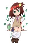  1girl arm_support blush bright_pupils brown_footwear brown_hair closed_mouth eyebrows_visible_through_hair full_body green_eyes hair_ornament looking_at_viewer luluco mago plaid plaid_skirt pleated_skirt school_uniform short_hair side_ponytail simple_background sitting sketch skirt socks solo star_(symbol) star_hair_ornament symbol_commentary uchuu_patrol_luluco white_background white_pupils 