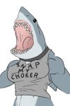  anthro breasts clothed clothing fangs female fish grey_body marine meme multicolored_body muscular muscular_anthro muscular_female nipple_outline non-mammal_breasts open_mouth partially_clothed saruuk shark shirt simple_background solo text text_on_clothing text_on_shirt text_on_topwear tongue topwear two_tone_body until_it_snaps white_background 