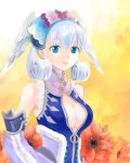  1girl agasa_(agasaillust) bare_shoulders blue_eyes breasts center_opening cleavage cleavage_cutout flower head_wings highres looking_at_viewer medium_breasts melia_antiqua silver_hair smile solo twitter_username upper_body xenoblade_chronicles xenoblade_chronicles_(series) 