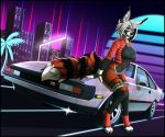  2020 anthro black_nose canid canine canis car clothed clothing detailed_background digital_media_(artwork) evergreen_tree female fox fur gradient hair mammal multicolored_body multicolored_fur open_mouth palm_tree skyscraper smile solo synthwave tales_foxdale teeth tongue tree vehicle white_hair 