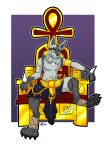  2020 absurd_res anthro canid canine chair clothed clothing dreadlocks egyptian egyptian_clothing fur furniture gold_(metal) gold_jewelry grey_body grey_eyes grey_fur hi_res jewelry leg_wraps looking_at_viewer lucario male mammal nintendo pok&eacute;mon pok&eacute;mon_(species) signature simple_background sitting solo throne video_games voxelcubed wraps 