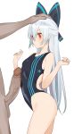  1boy 1girl ass bangs bare_shoulders blue_hair bow breasts erection girls_frontline hair_bow juz long_hair nude one-piece_swimsuit penis red_eyes simple_background sweatdrop swimsuit tokarev_(girls_frontline) uncensored white_background 