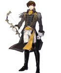  1boy alternate_costume belt boots bow_(weapon) brown_eyes brown_hair epaulettes fire_emblem fire_emblem:_genealogy_of_the_holy_war fire_emblem_heroes full_body gloves highres official_art quan_(fire_emblem) solo teeth teita transparent_background weapon 