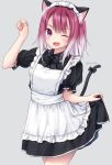  1girl ;d alternate_costume animal_ear_fluff animal_ears anz32 apron arm_up bangs black_bow black_dress blush bow cat_ears cat_girl cat_tail commentary_request dress enmaided eyebrows_visible_through_hair fang frilled_apron frills gradient_hair grey_background looking_at_viewer maid maid_apron maid_headdress multicolored_hair one_eye_closed open_mouth princess_connect! princess_connect!_re:dive puffy_short_sleeves puffy_sleeves purple_eyes purple_hair short_sleeves simple_background skirt_hold smile solo tail tail_bow tail_raised tamaki_(princess_connect!) white_apron white_hair 