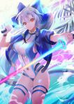  1girl bangs blue_bow blue_jacket blue_swimsuit bow breasts dual_wielding energy_sword fate/grand_order fate_(series) hair_between_eyes hair_bow highleg highleg_swimsuit highres hirose_(10011) holding jacket large_breasts long_hair looking_at_viewer one-piece_swimsuit ponytail red_eyes short_sleeves silver_hair smile swimsuit sword thighs tomoe_gozen_(fate/grand_order) tomoe_gozen_(swimsuit_saber)_(fate) two-tone_swimsuit weapon white_swimsuit 