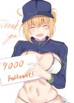  1girl artoria_pendragon_(all) bikini blonde_hair breasts cleavage closed_eyes commentary_request english_text eyebrows_visible_through_hair fate/grand_order fate_(series) hair_between_eyes hat large_breasts matcha7611 mysterious_heroine_xx_(foreigner) navel open_mouth simple_background smile solo standing stomach swimsuit thank_you upper_body white_background 