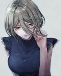  1girl bangs blue_shirt danganronpa earrings floating_hair green_eyes grey_background hair_between_eyes hair_intakes jewelry new_danganronpa_v3 sakuyu shirt short_hair silver_hair simple_background sleeveless sleeveless_shirt solo toujou_kirumi twitter_username upper_body 