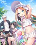  1boy 3girls abigail_williams_(fate/grand_order) abigail_williams_(swimsuit_foreigner)_(fate) archer bangs bare_shoulders bikini black_hair blonde_hair blue_eyes blue_sky blush bonnet bow breasts brown_eyes brown_hair chair cleavage consort_yu_(fate) double_bun dress_swimsuit earrings eyewear_on_head facial_mark fate/grand_order fate/stay_night fate_(series) forehead forehead_mark hair_bow hair_ornament innertube jewelry long_hair looking_at_viewer medium_breasts miniskirt multiple_earrings multiple_girls navel open_clothes parted_bangs pink_swimsuit robe sesshouin_kiara sesshouin_kiara_(lily) sidelocks sitting skirt sky small_breasts smile spoon spoon_in_mouth summer_casual_(fate/grand_order) sunglasses swimsuit table thighs twintails very_long_hair wavy_hair white_bikini white_bow white_hair white_headwear yamyom yellow_eyes yu_miaoyi_(swimsuit_lancer) 